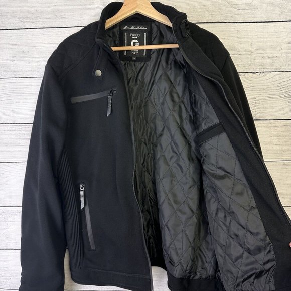 Fried Denim NYC Men’s Premium Black Fleece Biker Style Bomber Jacket Size Large - Picture 3 of 11